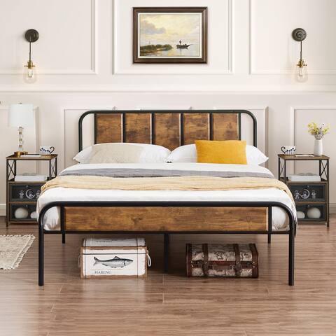 Mid Century 3-Piece Bedroom Set Platform Bed Frame and Charging Station USB Port Nightstands Set of 2