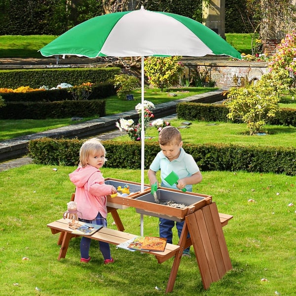 slide 2 of 20, Outsunny Kids Picnic Table with Umbrella and Storage Inside, Sand and Water Table, Kids Outdoor Furniture - 36.5" x 33.5" x 19" Kids - Natural Wood