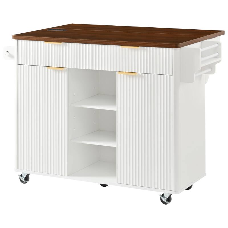 Roomfitters 52" Fluted Kitchen Island with Drop Leaf, Power Outlet & Walnut Wood-Grain Top