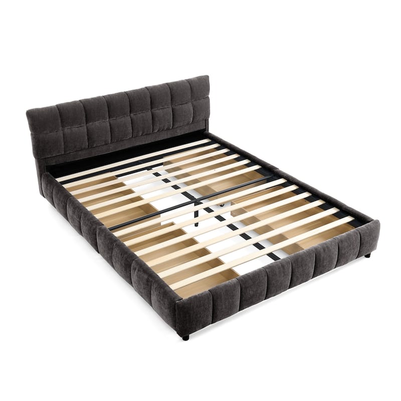 Modern Upholstered Queen Platform Bed Frame w/4 Storage Drawers, Soft Headboard, Grounded Chenille Fabric Bed Frame for Bedroom