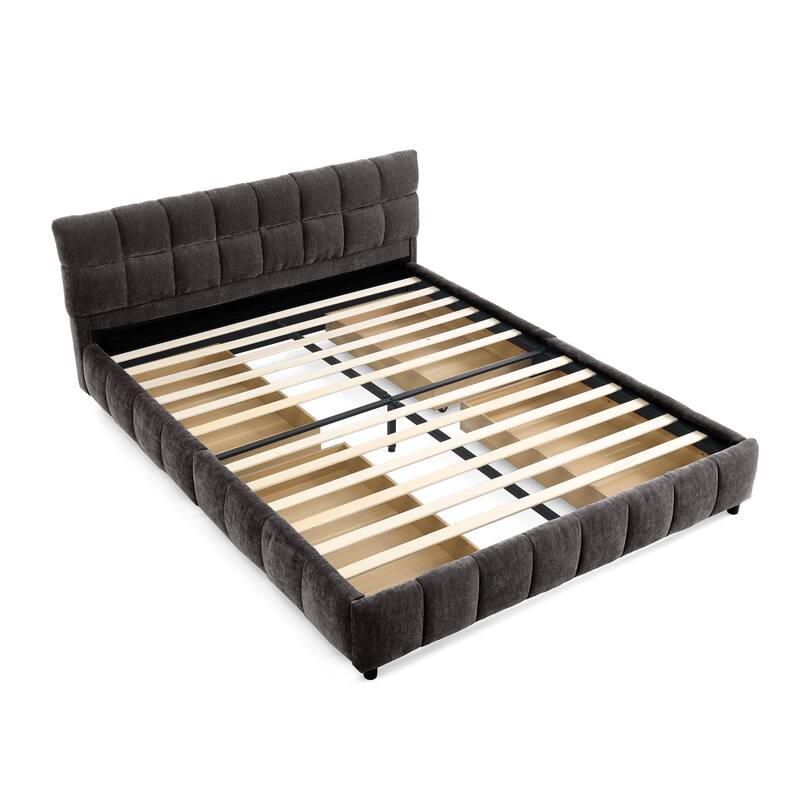 Queen Size Upholstered Bed with Tufted Headboard, Chenille Fabric Platform Bed with 4 Storage Drawers, Solid Wood Bed Frame