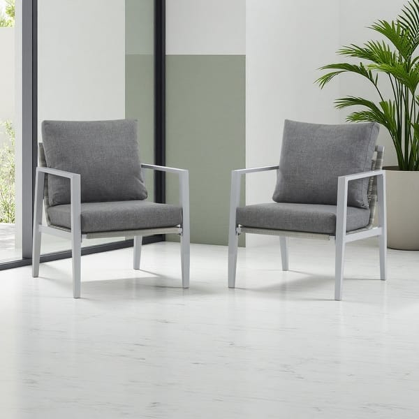 slide 2 of 16, 34"H Set of 2 Aluminum Lounge Chair with Sleek Rope Accents and Comfortable Cushions, for Modern Outdoor and Indoor Spaces Gray,Silver+White