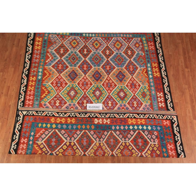 Geometric Kilim Oriental Area Rug Hand-Woven Bedroom Wool Carpet - 8'6"x 11'1"