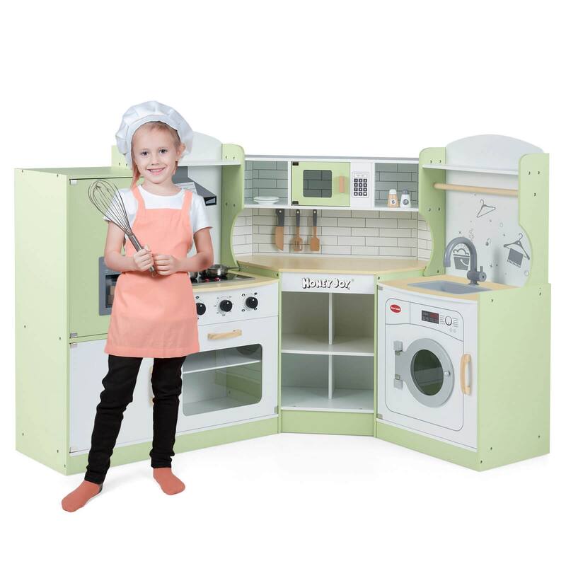 Costway Corner Play Kitchen Toddler Kitchen Playset with Range Hood, - See Details - Green
