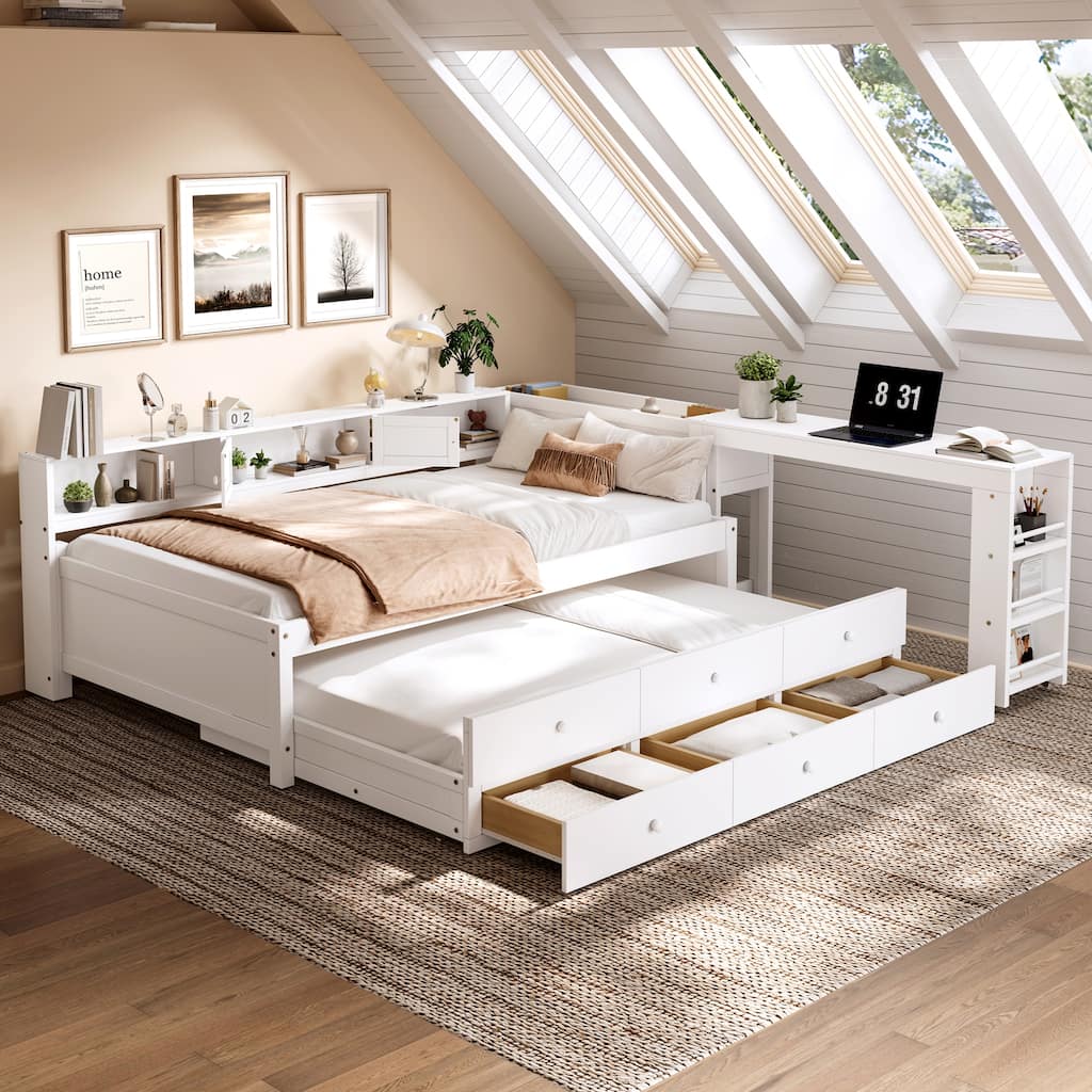 Roomfitters Wood Daybed, Trundle, L-Shaped Desk & 3 Storage Units, Loft-Style Bed Frame with Bookcase & Shelves