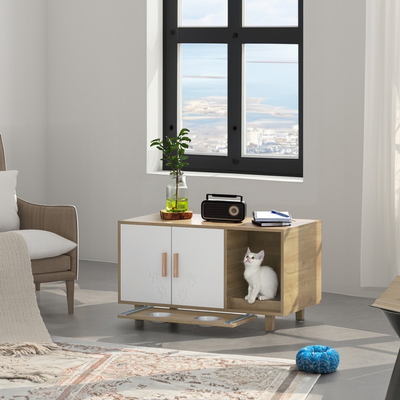 Hidden Cat Litter Box Furniture Cabinet with Cat Food Bowls and