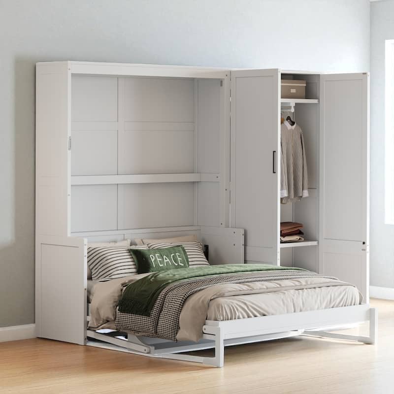 Queen Size Murphy Bed Wall Bed with Closet, Hydraulic Lift, Storage Shelf and Wardrobe, Space Saving Cabinet Bed