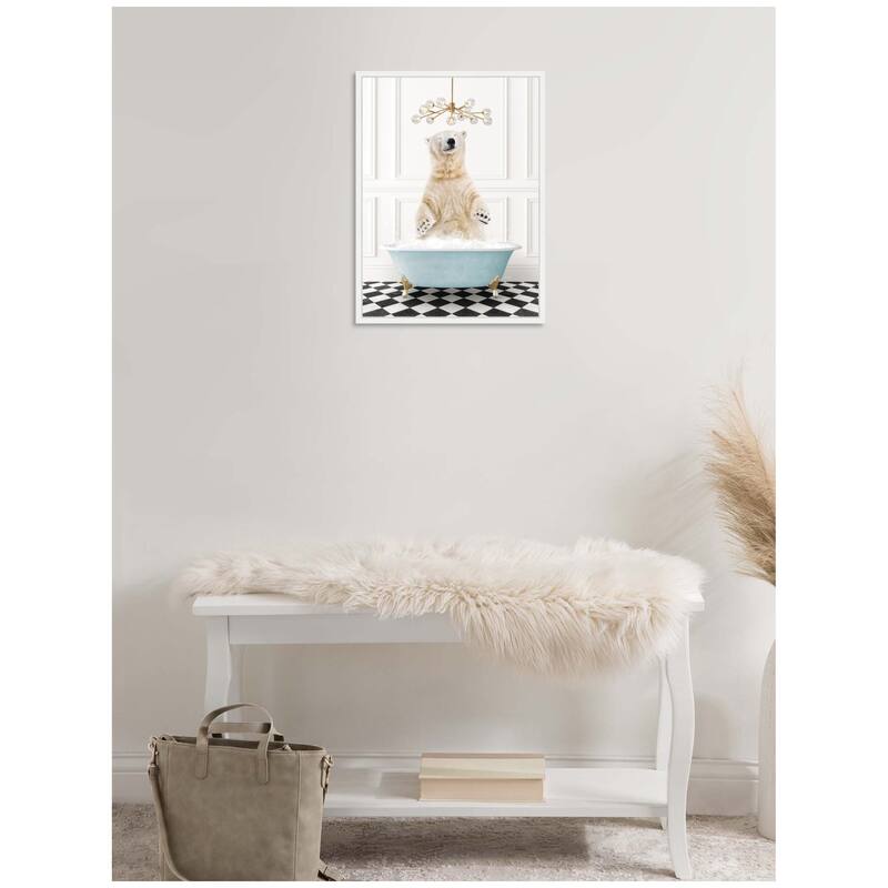 Kate and Laurel Sylvie Polar Bear in Blue Bathtub on Checker Floor Framed Canvas by Amy Peterson