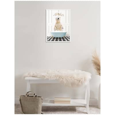Kate and Laurel Sylvie Polar Bear in Blue Bathtub on Checker Floor Framed Canvas by Amy Peterson