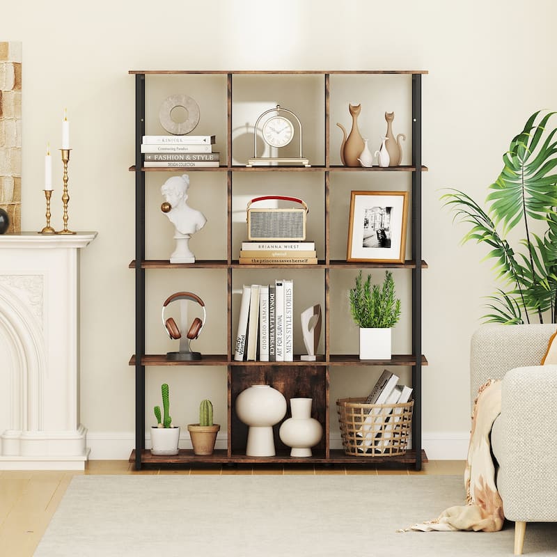Rustic Brown Metal and Wood 5-Tier Bookshelf 12-Cube Storage Rack with Anti-Tip - 42" L x 16" W x 57" H