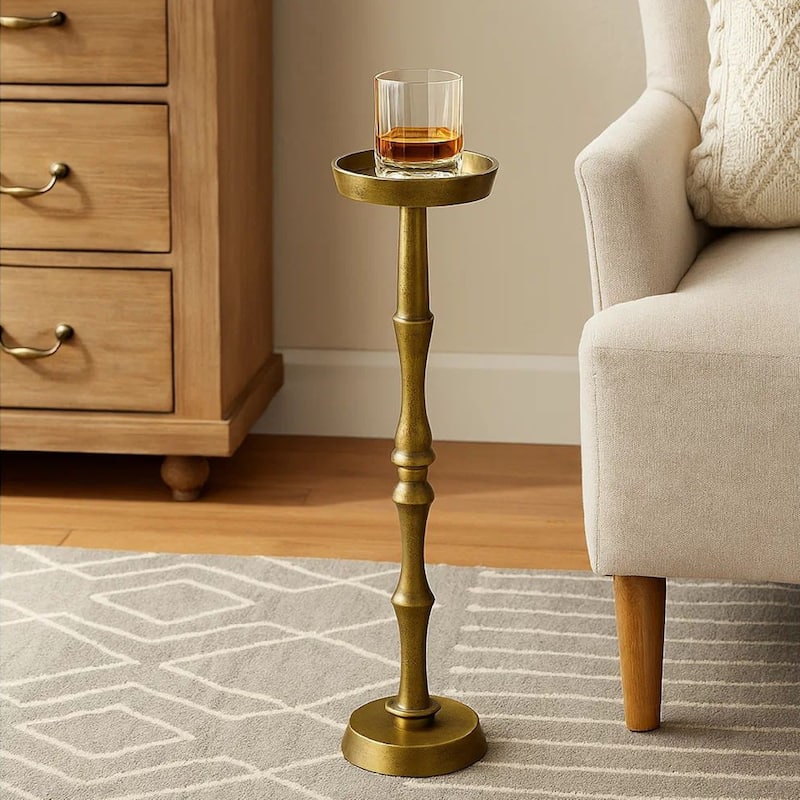 26 Inch Side End Drink Table, Turned Pedestal Metal Base, Round Top, Oxidized Brass
