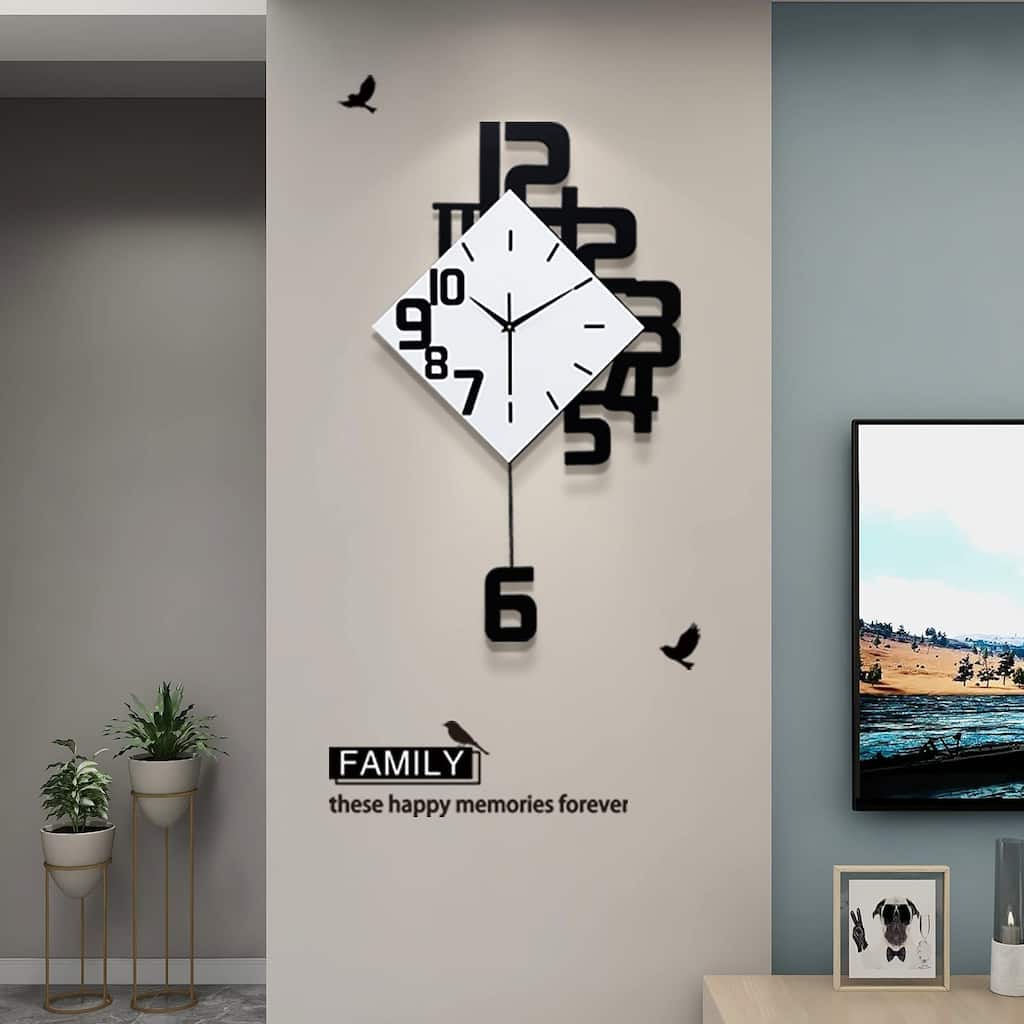Large Wall Clocks for Living Room Decor Silent Pendulum Battery Operated Non-Ticking 26" Decorative Clock Square White Wood Wall