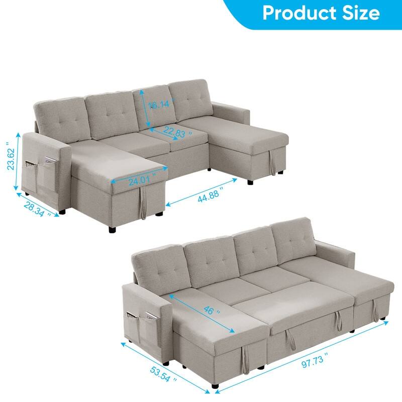 98"W 4-Seater Modular Sleeper Sofa Bed with Storage Chaise,U-shaped Sofa with Pull-out Bed