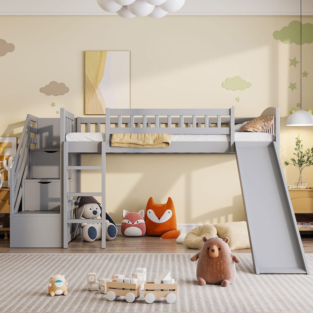 Merax Stairway Twin Size Loft Bed with Slide and Two Drawers