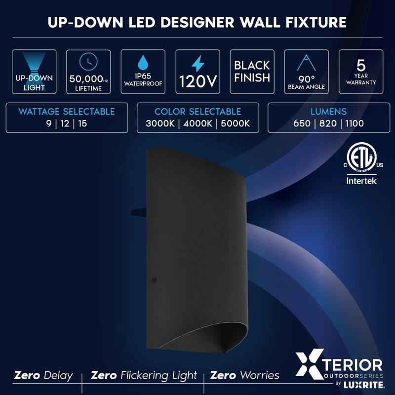Luxrite LED Outdoor Up and Down Wall Sconce, 9W/12W/15W, 3CCT 3000K-5000K, IP65, 8" Half Cylinder Aluminum, ETL