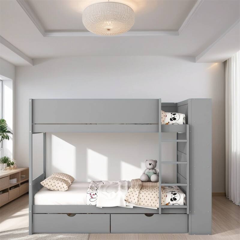 Full Over Full Wood Bunk Bed with 2 Drawers and Multi-layer Cabinet