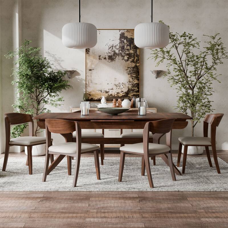 Furniture of America Abigail IV Mid-Century Modern 7-Piece Rich Walnut Solid Wood 102-inch Extendable Dining Set - Rich Walnut