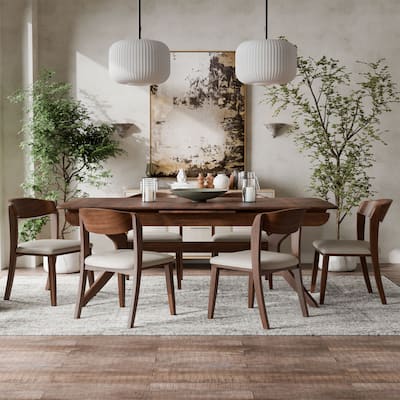 Furniture of America Abigail IV Mid-Century Modern 7-Piece Rich Walnut Solid Wood 102-inch Extendable Dining Set