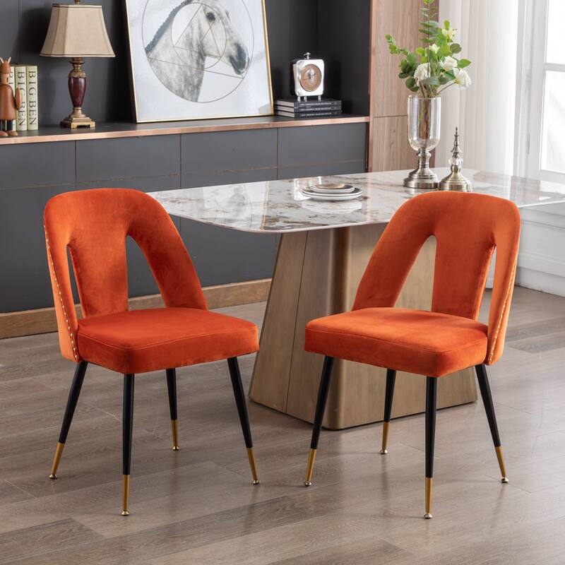 Velvet Upholstered Dining Chairs Set of 2, Thickened Fabric Kitchen Chairs, Leisure Chairs with Nailheads & Metal Legs