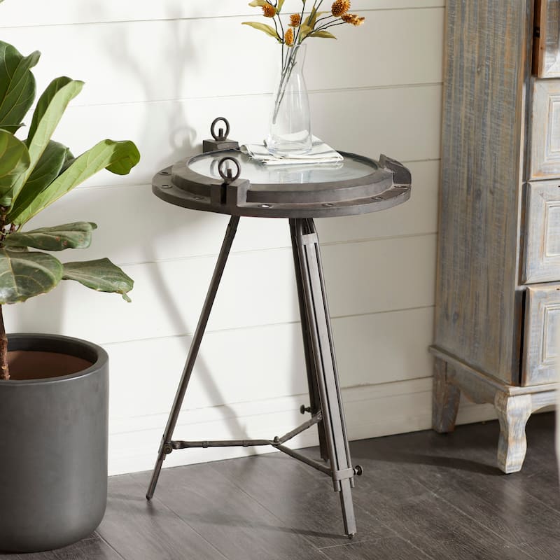 Metal Compass Accent Table with Clock and Clear Glass Top - White or Black - Roche River Decor