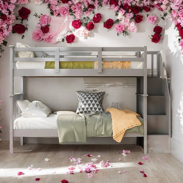 slide 2 of 12, Twin Over Twin Bunk Bed With Storage and Guard Rail For Bedroom Grey