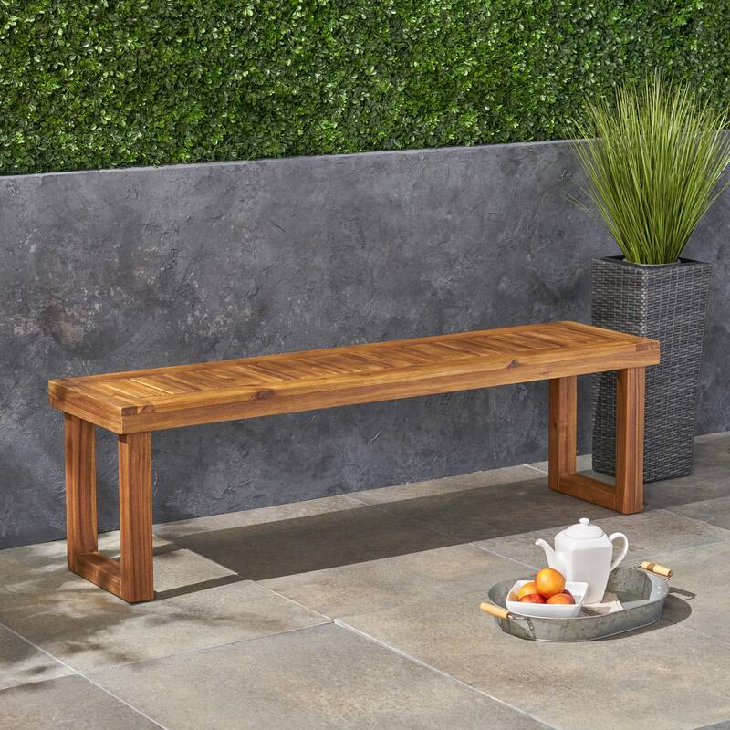 Roomfitters Outdoor Acacia Wood Dining Bench with Rectangular Legs and Slatted Top