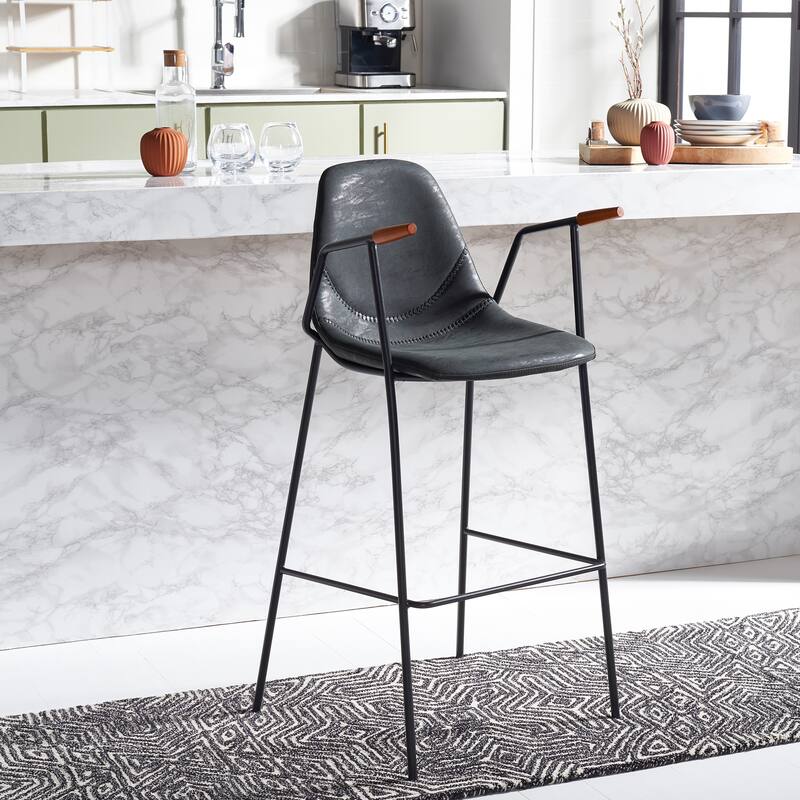 SAFAVIEH Coral Mid-Century Bar Stool - 25" W x 21.5" D x 39" H - 21Wx21Dx42H - Black Body /Walnut Armrest