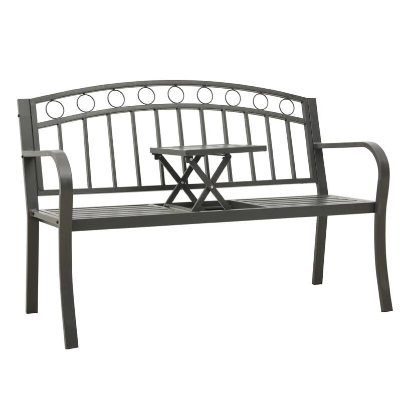 Garden Bench, Gray Powder-Coated Steel, Central Table, 49 Inch