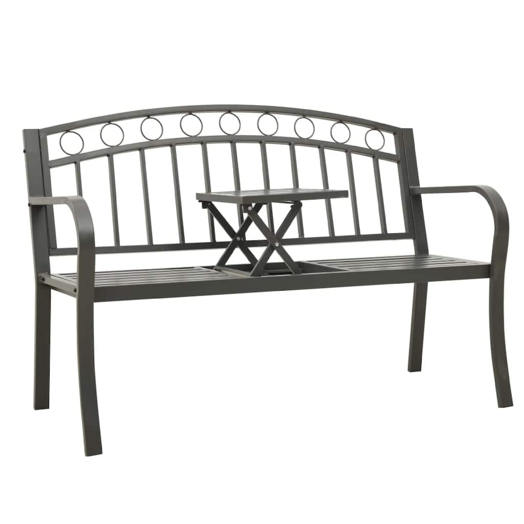 Garden Bench, Gray Powder-Coated Steel, Central Table, 49 Inch
