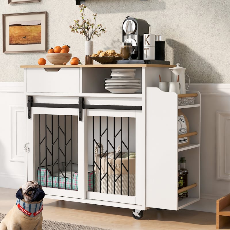 33.8"W Furniture Style Dog Crate，Kitchen Island Pet Furniture - Natural+White