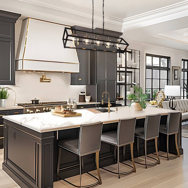 Torin Modern 5-Light 41.5" Black Gold Geometric Chandelier Globe Glass Kitchen Island Pendant Lights - 41.5" L x 12" W x 19.5" H