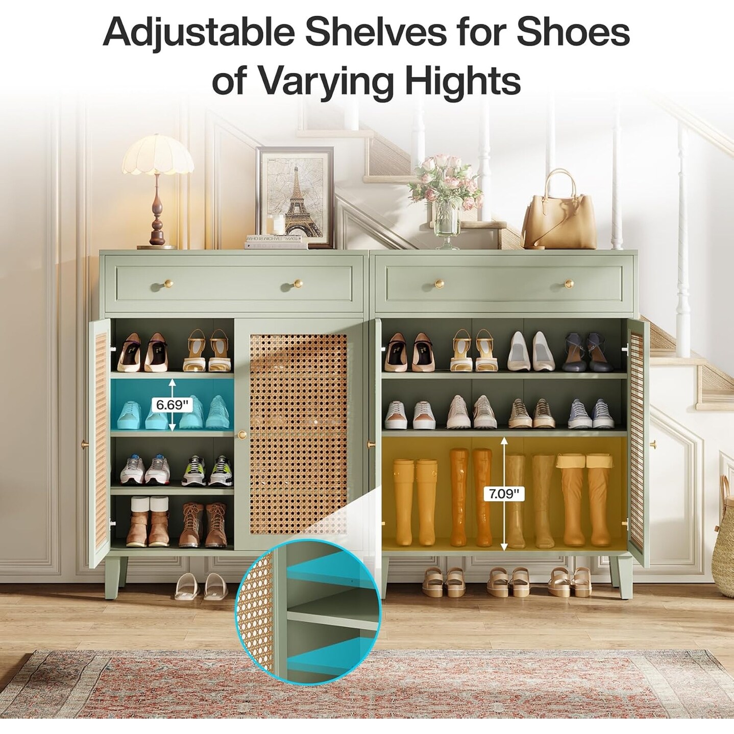 Shoe Cabinet with Doors and Drawer, Modern Rattan Shoe Storage