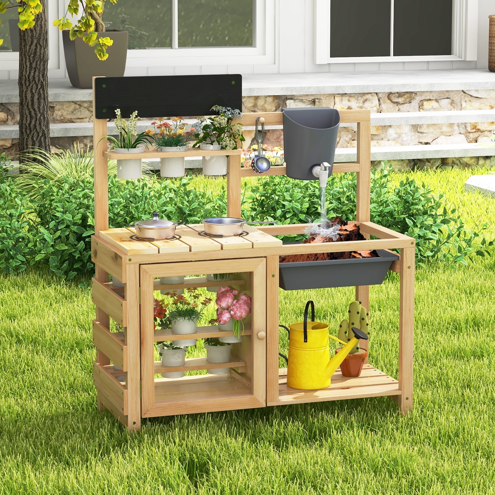 Natural Wooden Backyard Mud Kitchen for Kids with Real Water Play