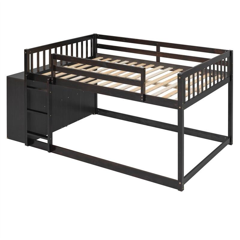 Twin Over Twin/Full Over Full Floor Bunk Bed with Drawers and 3 Storage Shelves, Solid Wood Low Bunk Bed Frame with Ladder