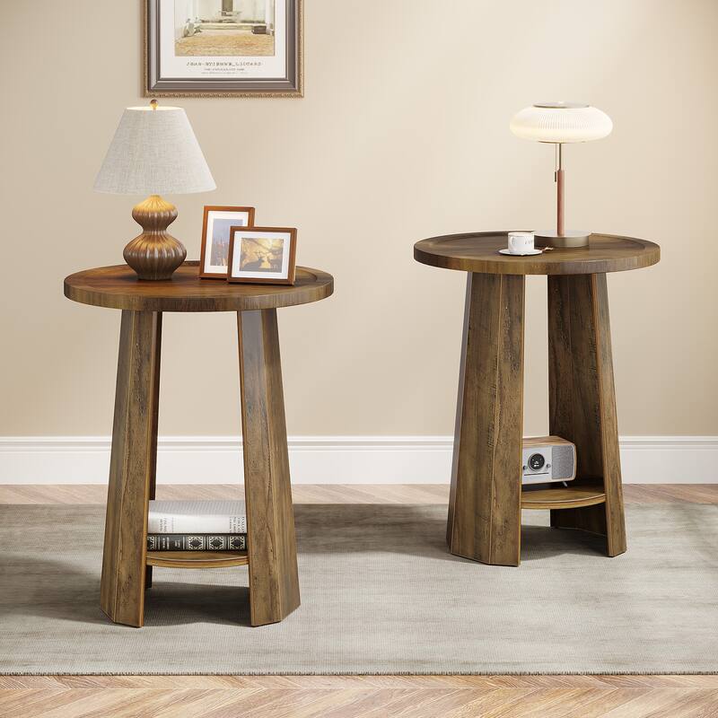 2-Tier Round End Table with storage, Farmhouse Side Table with Sturdy Base
