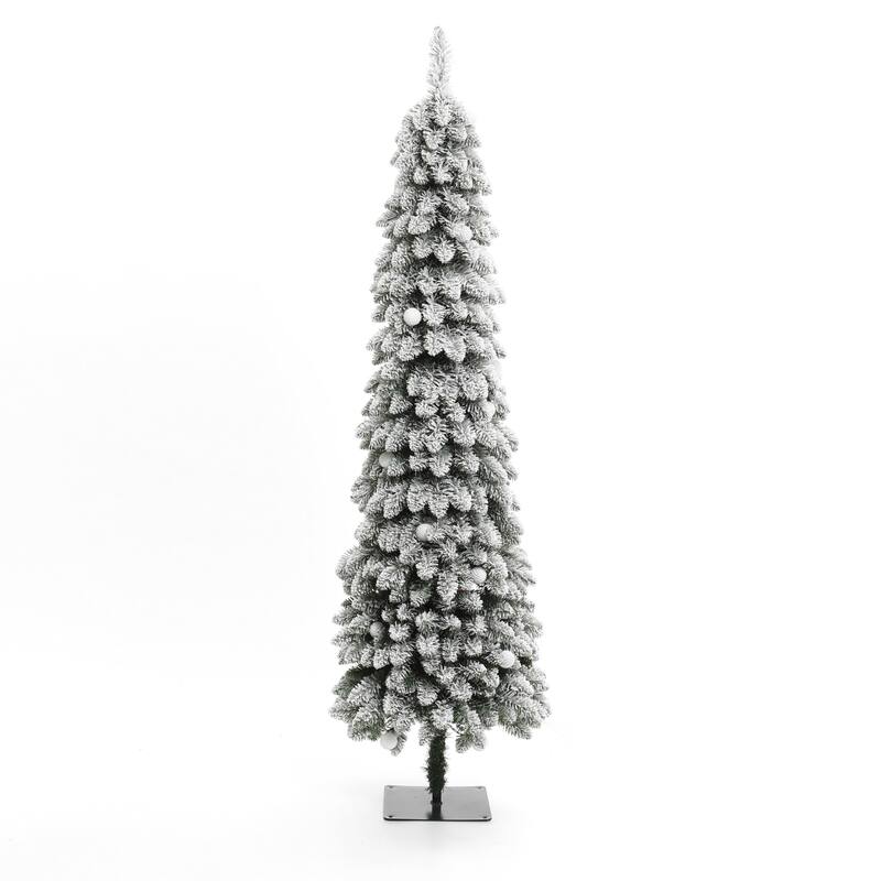 6Ft Pre-Lit Flocked Pencil Artificial Christmas Tree - 72" H x 27.6" Diameter