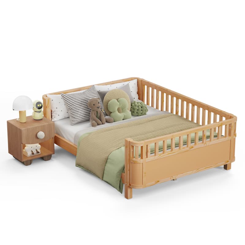 Kids Platform Bed Toddler Low Platform Wood Bed with Removable Guardrail, Rounded Corner Design Bed Frame to Protect Children