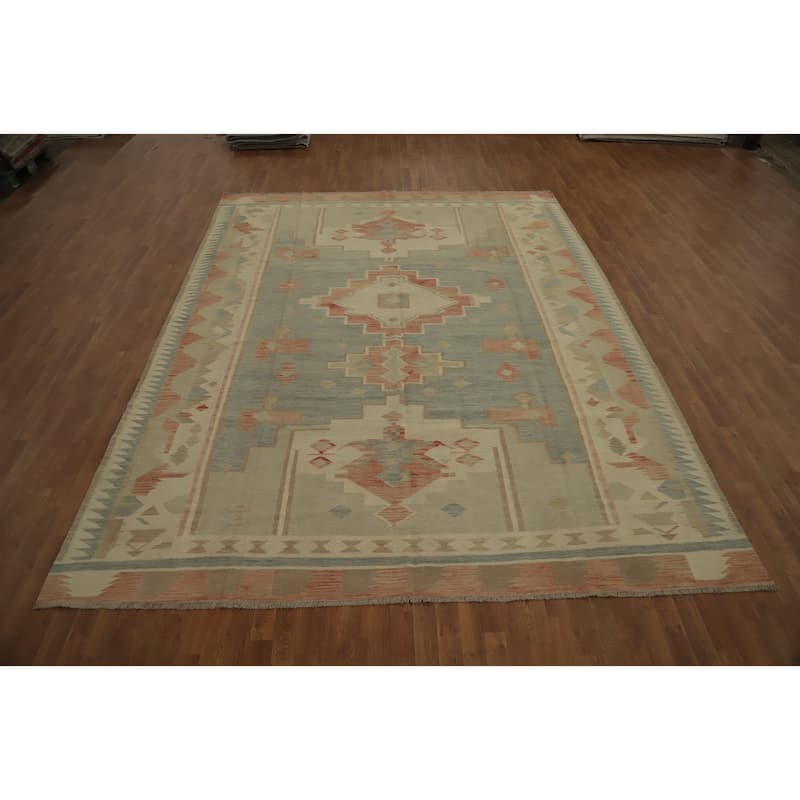 Hand Woven Oriental 100% Wool Carpet Southwestern Tribal Navy Blue & Blues Kilim Area Rug - 12' 3'' X 9' 5''