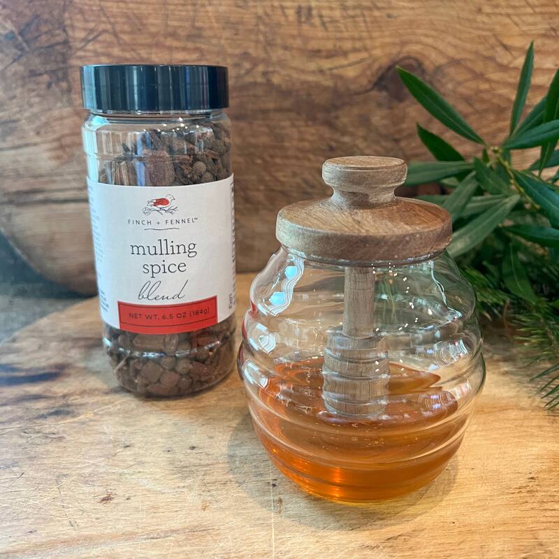 Glass Honey Jar with Acacia Wood Lid and Honey Dipper - Clear - 4.0"L x 4.0"W x 6.0"H