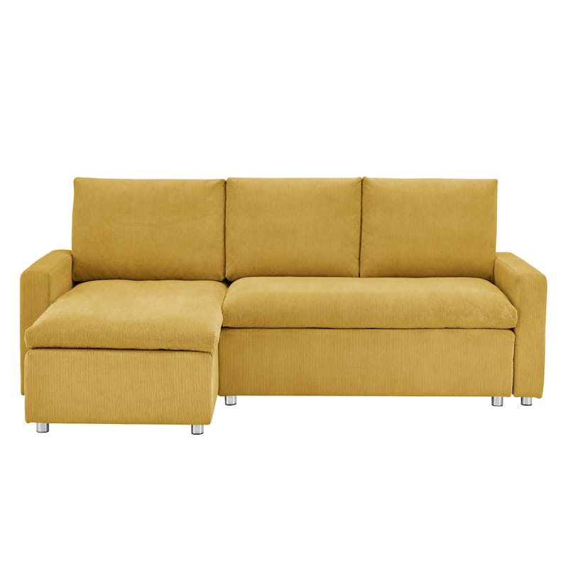 90" L Shaped Convertible Sleeper Sofa Bed with Pull Out, Reversible Chaise and Storage, Yellow Corduroy