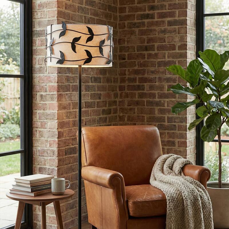 Acroma Black/Gold Leaf-Accent Fabric Shade Floor Lamp