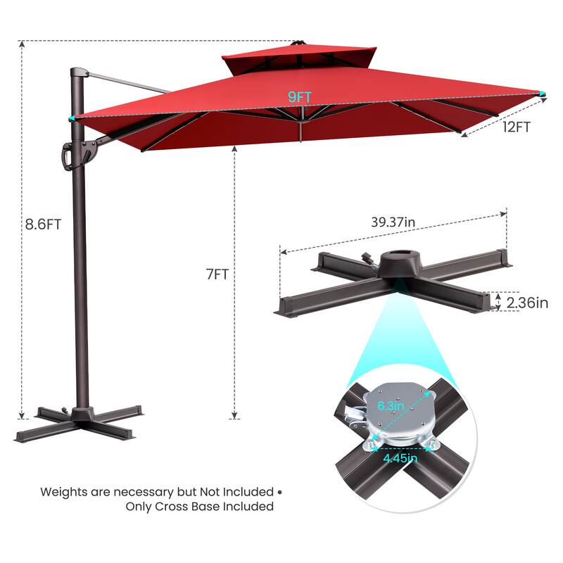 9 x 11.5 FT Patio Outdoor Patio Dual Top Cantilever Umbrella with No Base