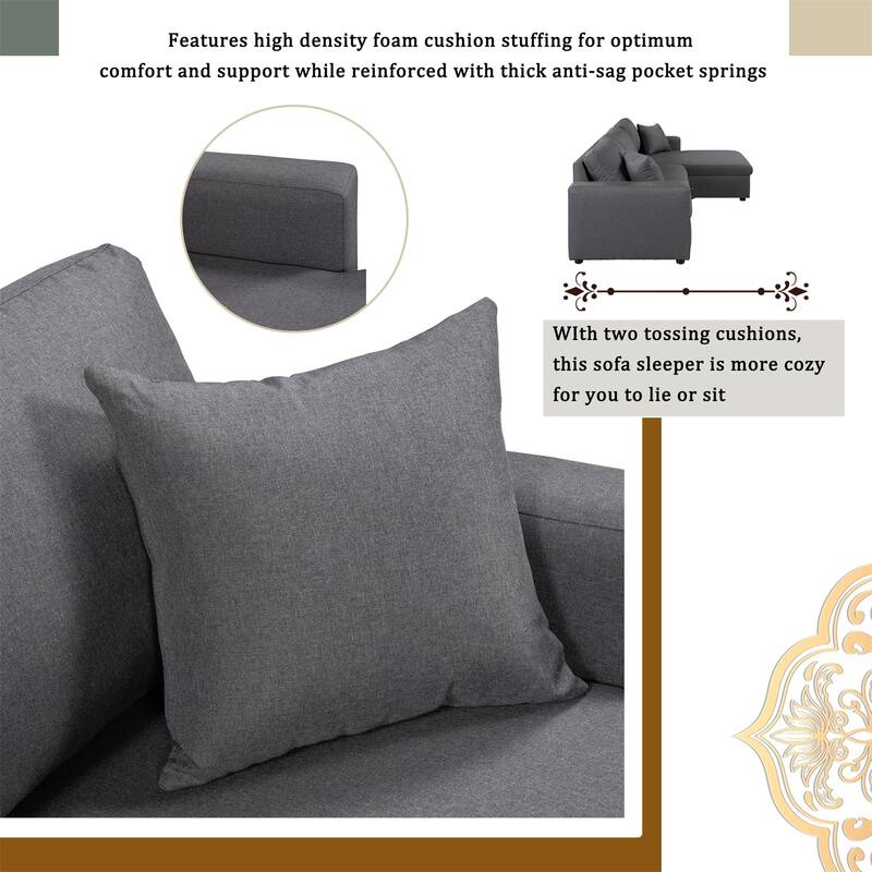 Merax Upholstery Sleeper Sectional Sofa with Storage Space, 2 Tossing Cushions