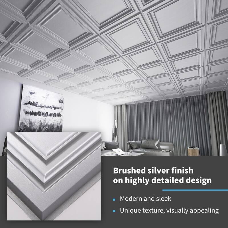 Art3d 2x2 ft. PVC Ceiling Tiles,Glue Up Wall Paneling in Argent Silver,48sqft