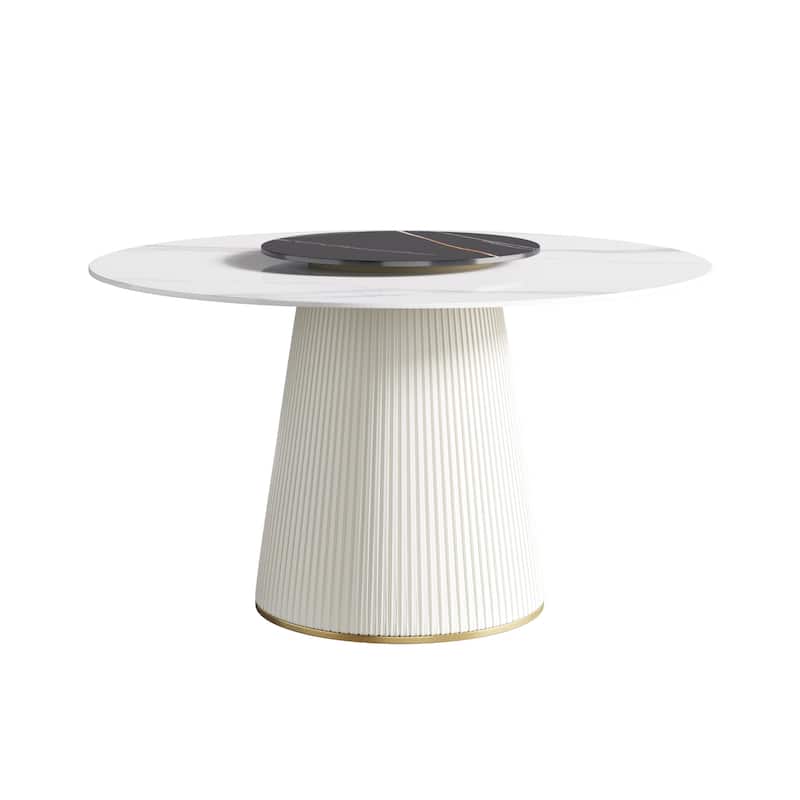 Modern 53" Round White Dining Table for 6 Person Marble Top Gold & Black Pedestal