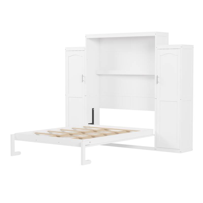 Queen Wood Murphy Bed with Double Wardrobes & Storage Shelf, Foldable Design