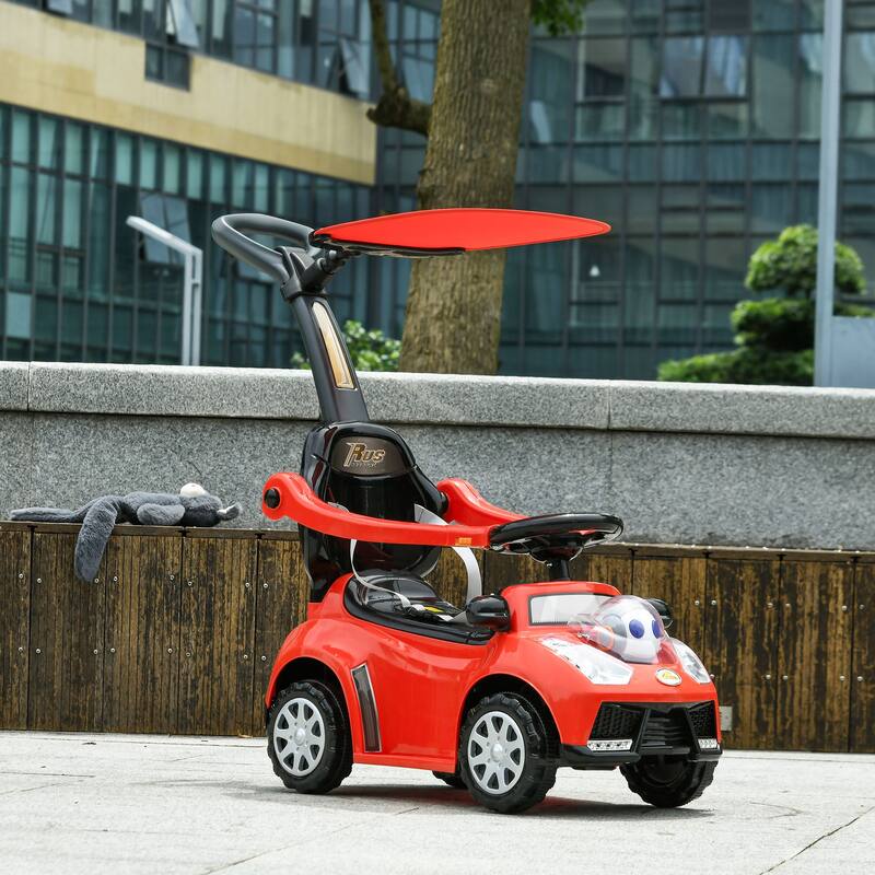 Qaba Push Car for Kids 1-3 Years, 3-in-1 Ride-On Sliding Car with Music, Horn, and Removable Handle