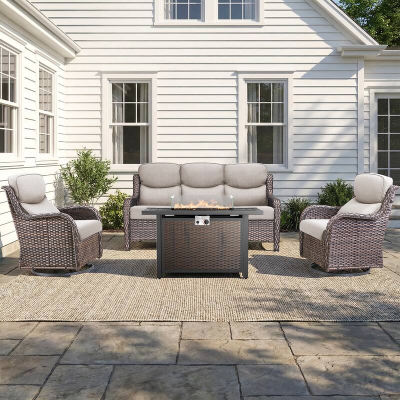 Pocassy 4/5 Piece Patio Sofa Furniture Set with 43" Fire Pit Table - Brown Wicker Beige Cushion - 4-Piece Sofa Swivel Chair w/ Fie Pit Table