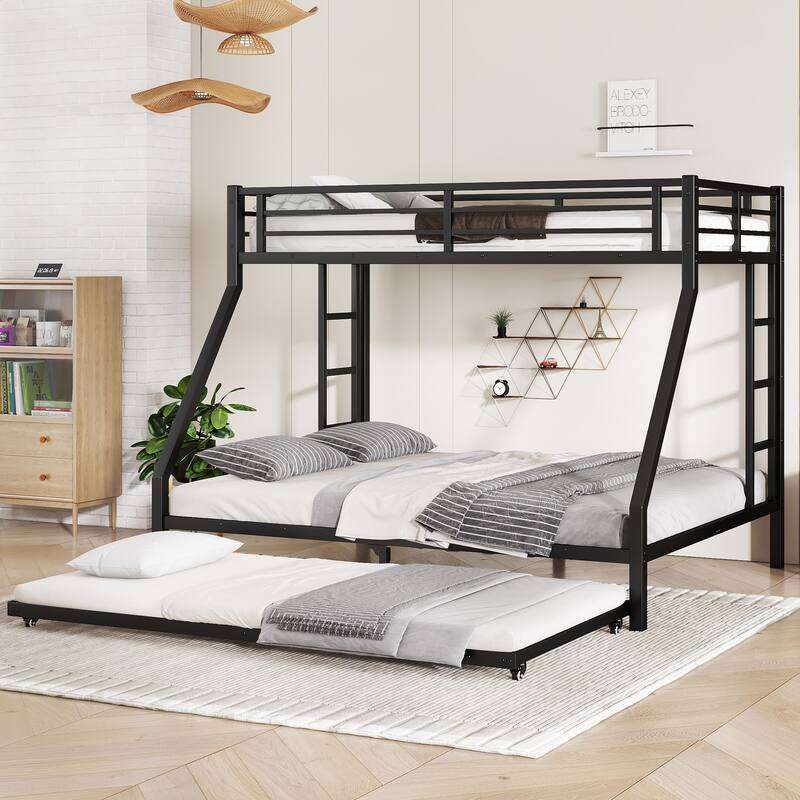 Twin XL Over Queen Metal Bunk Bed with Twin Trundle, Black - Black