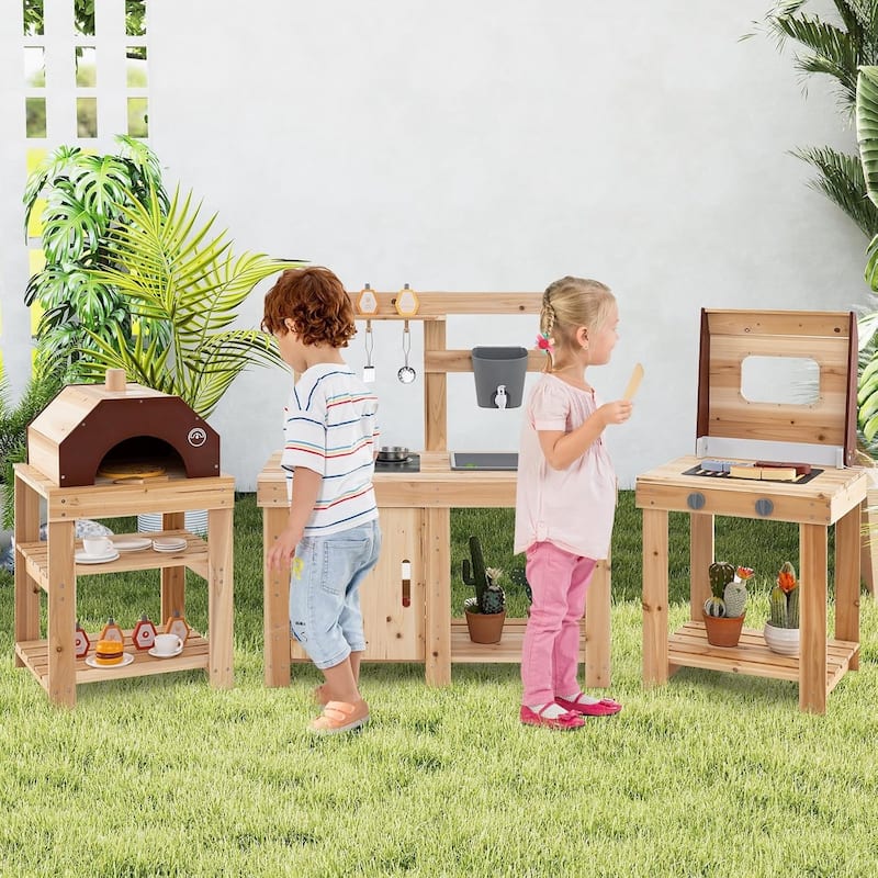 3 PCS Mud Kitchen & Kids Grill Playset Wood Pretend Play Set - 3 pcs